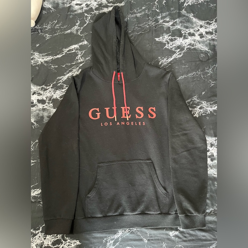 Guess hoodie, size large, red “Guess Los Angeles” rubber logo & pouch pocket.